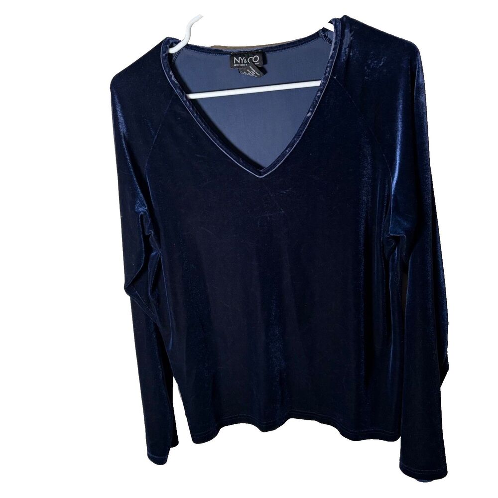 New York & Company Blouse Women's XL Velvet Velour Navy Long Sleeve Top
